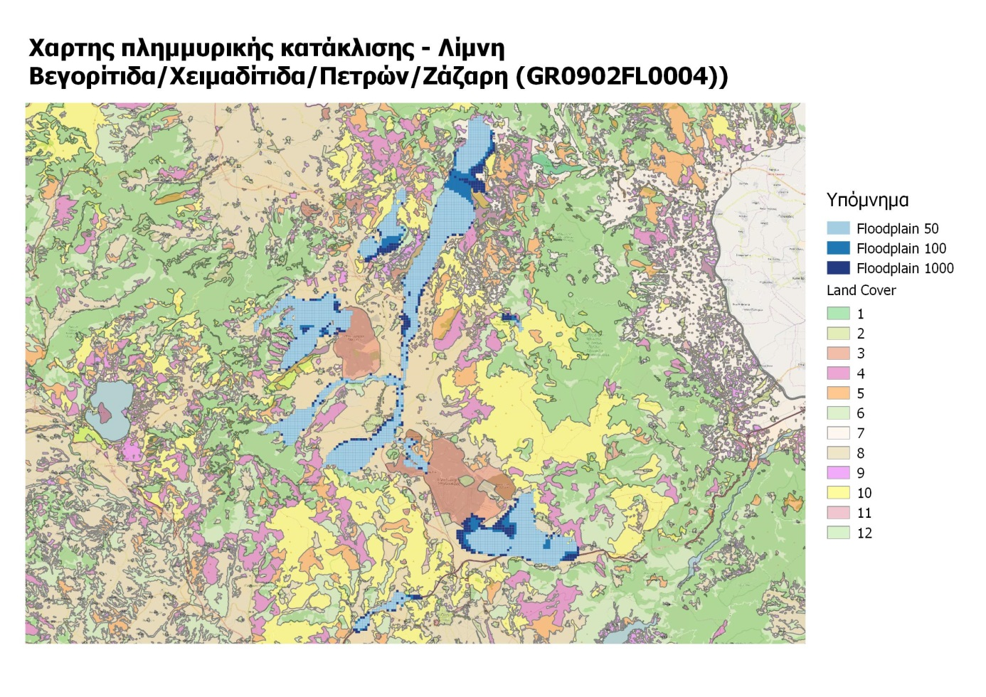 Εικόνα 5.29: Χάρτης πλημμυρικής κατάκλισης Λεκάνη απορροής λίμνης Βεγορίτιδας Λίμνη Βεγορίτιδα Η στάθμη της λίμνης Βεγορίτιδας αυξάνεται για Τ=50, 2.2m, για Τ=100, 2.