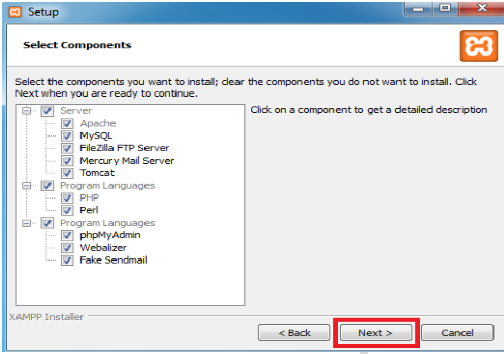 Εικόνα 3: Setup XAMPP ΒΗΜΑ 4 o : Επιλογή Χαρακτηριστικών Στο 4ο βήμα και στο επόμενο παράθυρο που εμφανίζεται, επιλέγουμε