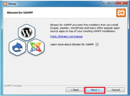 ΒΗΜΑ 6 ο : Bitnami for Xampp Στο 6ο βήμα μπορούμε εάν θέλουμε να μάθουμε κάποια πράγματα για το Bitnami για το XAMPP μαρκάροντας στο σημείο που γράφει Learn more about Bitnami for XAMPP.