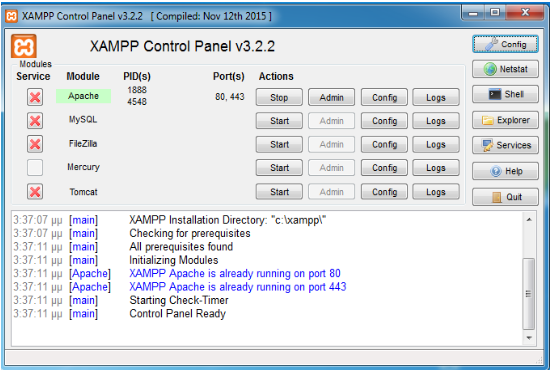 ΒΗΜΑ10 ο : Xampp Control Panel Τέλος, ανοίγει το Control Panel του XAMPP και πατάμε το κουμπί Start στον Apache και στη MySql και περιμένουμε μέχρι να