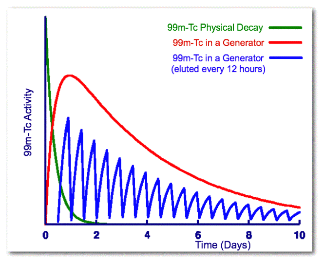 Comparison of the physical decay of 99mTc with its activity arising from 99Mo