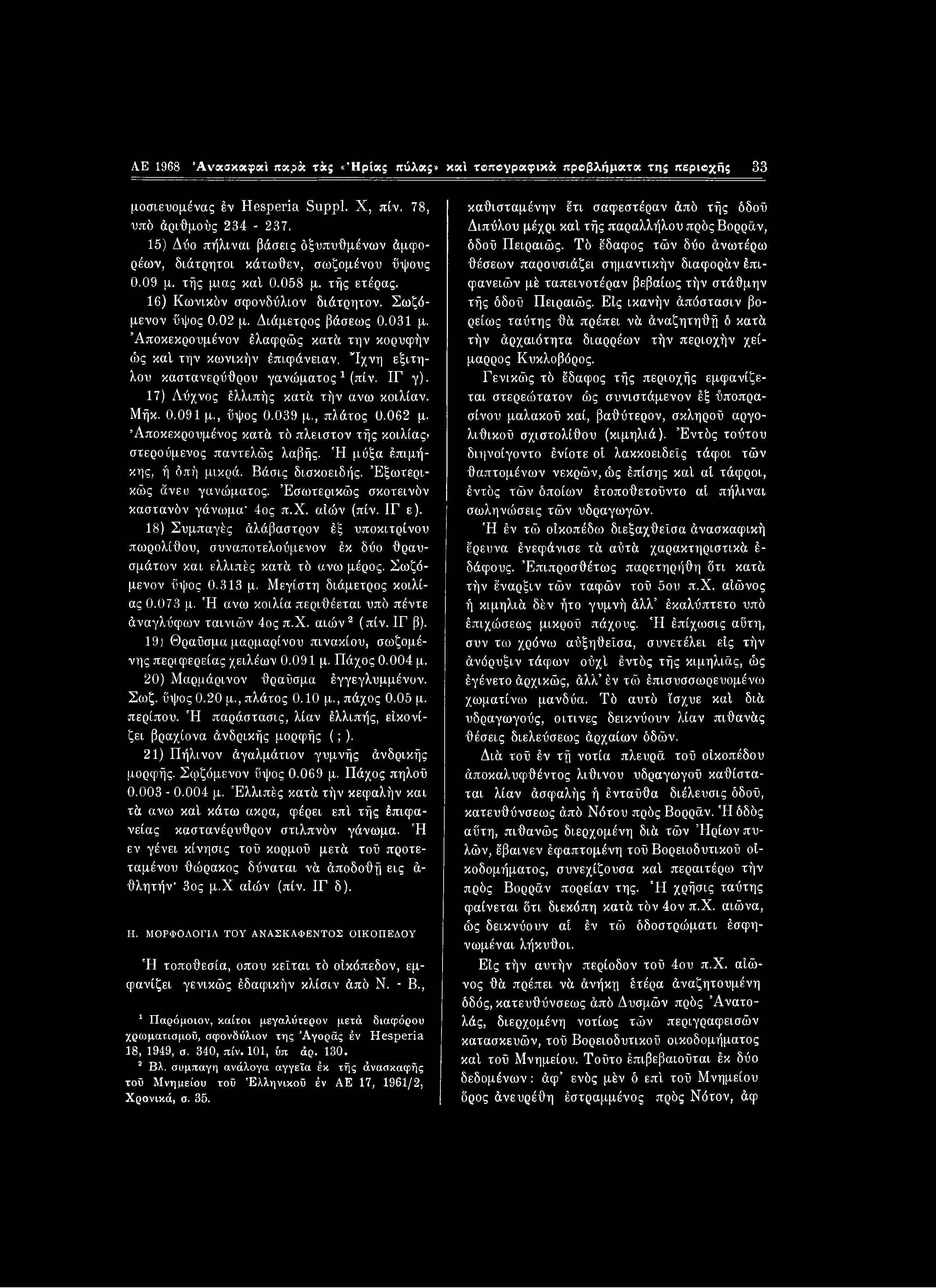ΛΕ 1968 ΆναακκφκΙ παρά τάς «Ήρίας πάλας» καί τοπβγραφικά προβλήματα τη; περιοχής 33 μοσιευομένας έν Hesperia Suppl. X, πίν. 78, υπό Αριθμούς 234-237.
