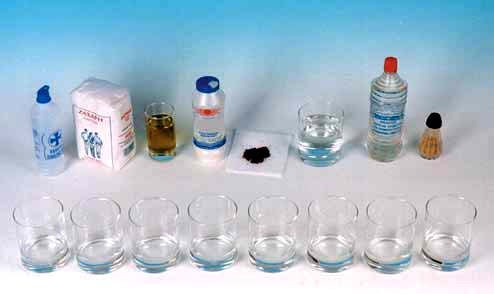 Πείραμα Όργανα - Υλικά ποτήρια οινόπνευμα ζάχαρη λάδι αλάτι χώμα νερό νέφτι πιπέρι κουταλάκι Ανακάτεψε σε οκτώ διαφορετικά ποτήρια τα υλικά που βλέπεις σημειωμένα στον παρακάτω πίνακα.
