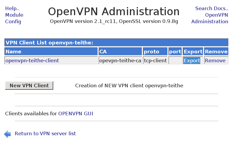 Στην συνέχεια από τη σελίδα VPN Client List openvpn-teithe με το πλήκτρο Export λαμβάνεται σε συμπιεσμένη μορφή το αρχείο openvpn-teithe-client.zip.