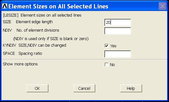 Βήμα 6: Μέγεθος πλέγματος Η διαδικασία που ακολουθούμε είναι η εξής: Meshing > Size Cntrls > Manual Size > Lines > All Lines. Στη καρτέλα που εμφανίζεται εισάγουμε τον επιθυμητό μήκος στοιχείων.