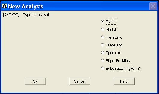 Βήμα 8: Ορισμός είδους ανάλυσης Ορίζουμε το είδος της ανάλυσης ως εξής: Από το αριστερό μενού Solution > Analysis type > New analysis και στη καρτέλα που εμφανίζεται επιλέγουμε Static.