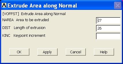 Εξωθούμε τη επιφάνεια από το μενού Preprocessor > Modeling > Operate > Extrude > Areas επιλέγουμε Along Normal και στη καρτέλα που εμφανίζεται