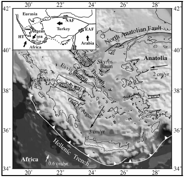 Κεφάλαιο 3 ο Γεωλογικά χαρακτηριστικά στην περιοχή του Κορινθιακού κόλπου Εικόνα 3.1: Η Γεωδυναμική της περιοχής του Αιγαίου (βασισμένη στους Tiberi et al., 2001 και Doutsos & Kokkalas, 2001).