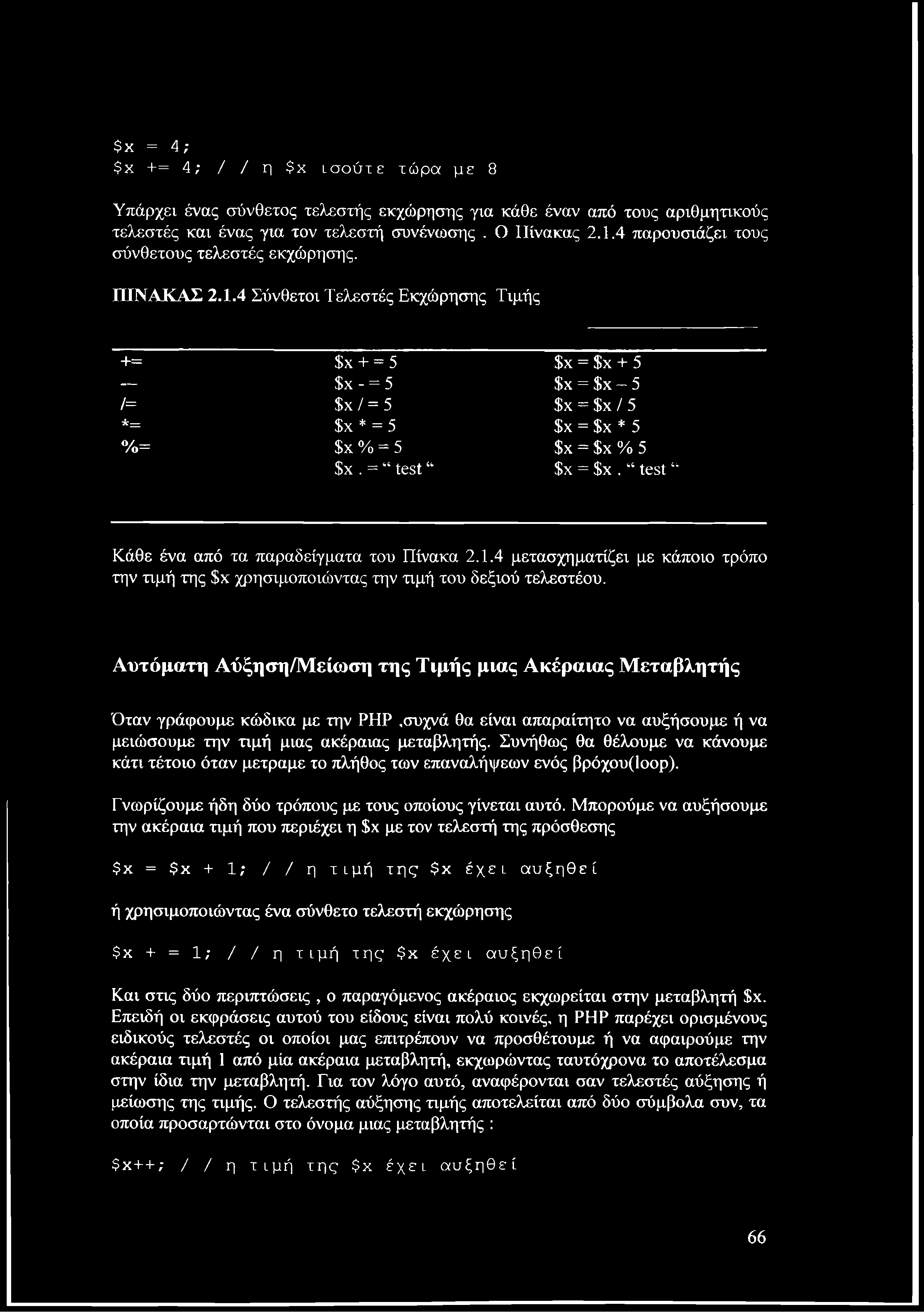 $Χ = 4; $χ += 4; / / η $χ ι,σούτε χώρα με 8 Υπάρχει ένας σύνθετος τελεστής εκχώρησης για κάθε έναν από τους αριθμητικούς τελεστές και ένας για τον τελεστή συνένωσης. Ο Πίνακας 2.1.