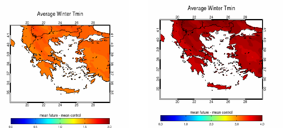 Κλιματική αλλαγή Η ελάχιστη χειμερινή θερμοκρασία αυξάνεται κατά 1.5 ο C το 2021-2050 και κατά 3.5 ο C το 2071-2100.