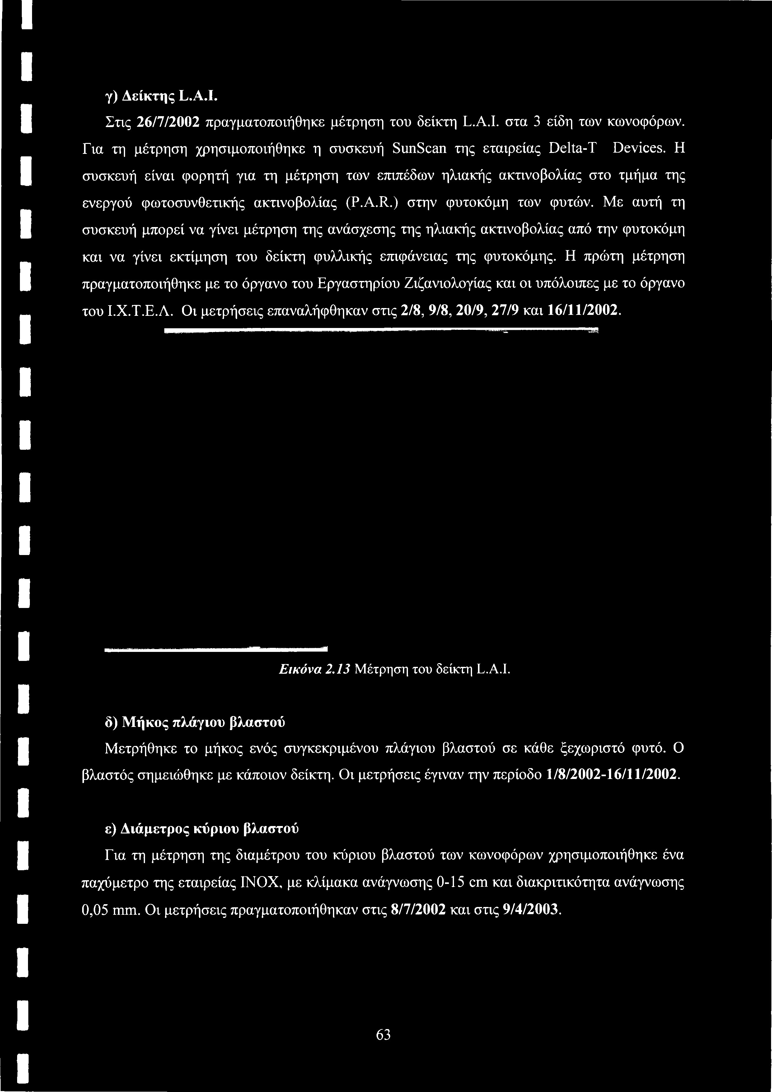 γ) Δείκτης L.A.I. Στις 26/7/2002 πραγματοποιήθηκε μέτρηση του δείκτη L.A.I. στα 3 είδη των κωνοφόρων. Για τη μέτρηση χρησιμοποιήθηκε η συσκευή SunScan της εταιρείας Delta-T Devices.