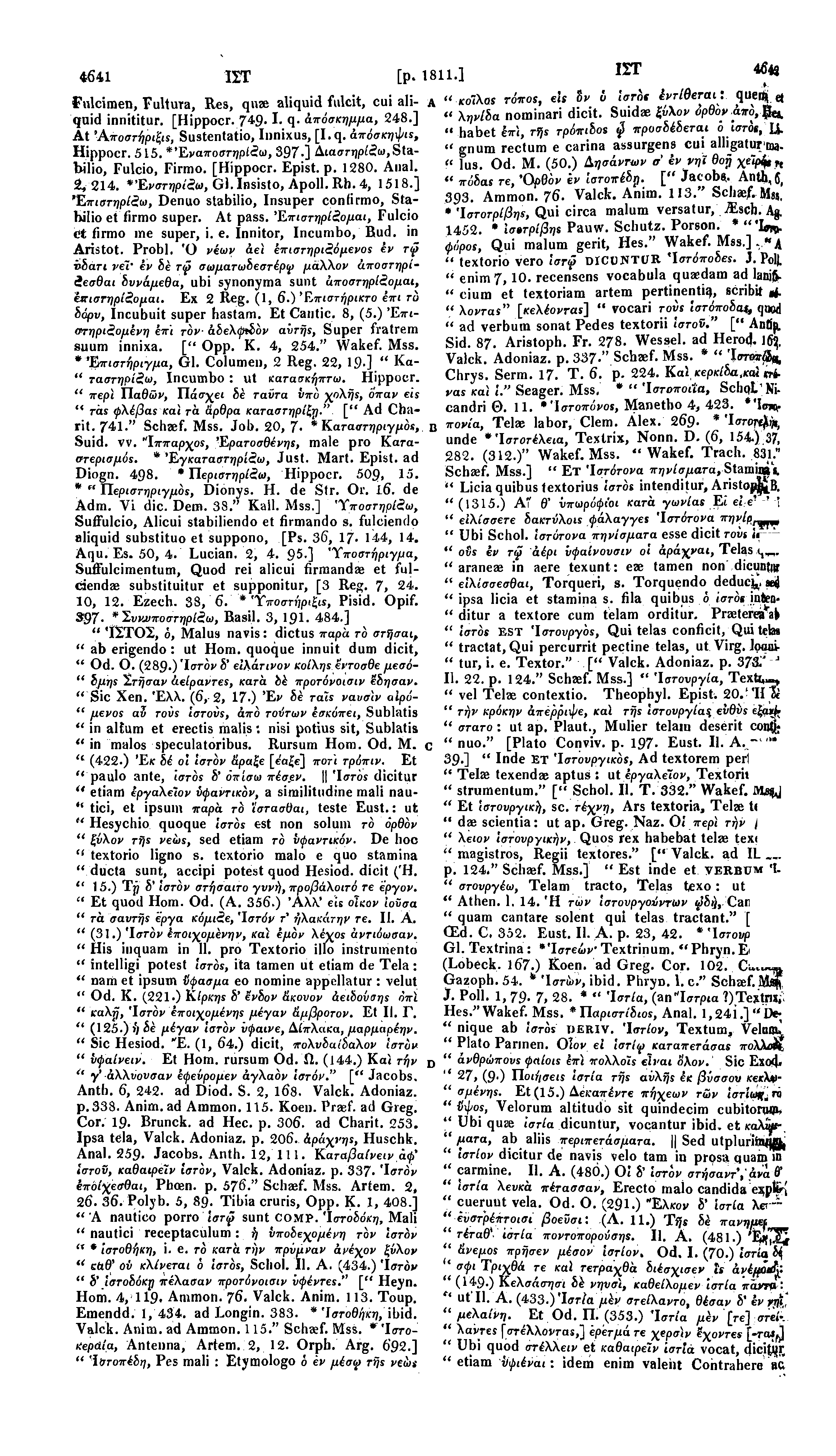 Φ64.1 ΙΣΤ [ρ 1811.] ΙΣΤ Fulcimen, Fultura, Res, quae aliquid fulcit, cui aliquid innititur. [Hippocr. 749.1, q. άπόσκημμα, 248.] At Άποστήριζις, Sustentatio, Innixus, [I.q. άπόσκηψιε, Hippocr. 515.