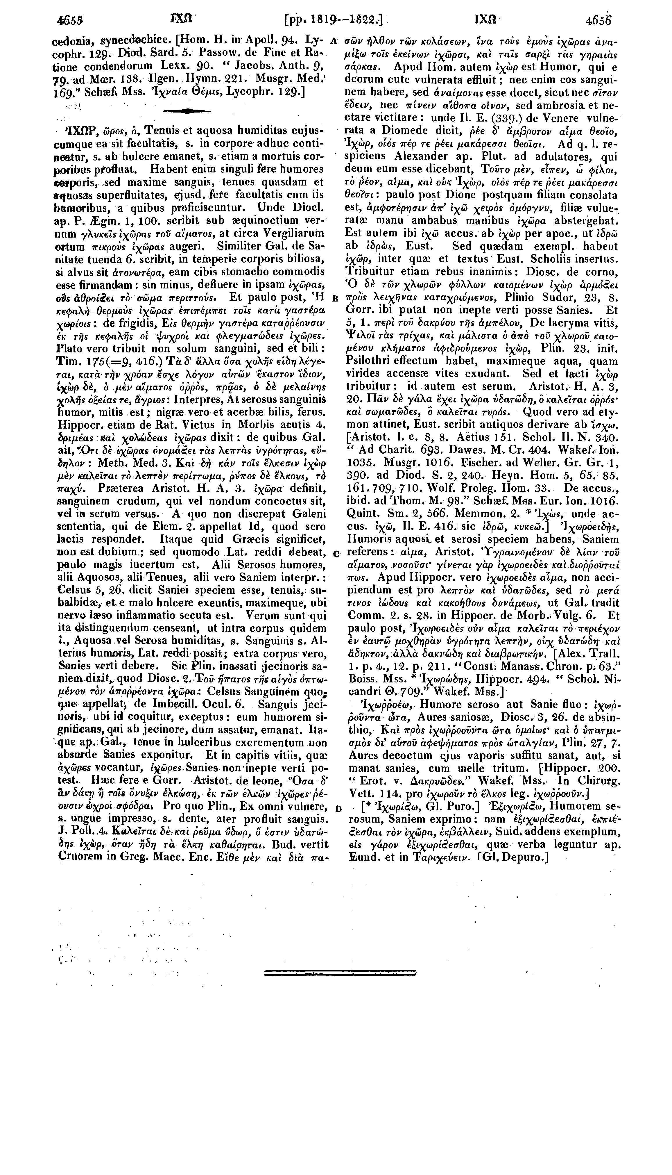 4655 ΙΧΩ [pp.1819-1-822,] ΙΧΩ 4656 cedonia, synecdechice. [Hom. H. in Apoll. 94. Ly- A σών ήλθον τών κολάσεων, ίνα τούς έμούς ιχώρας αναμίξω τοίς έκείνων ίχώρσι, καί ταίς σαρξί τάς γηραιάς cophr.