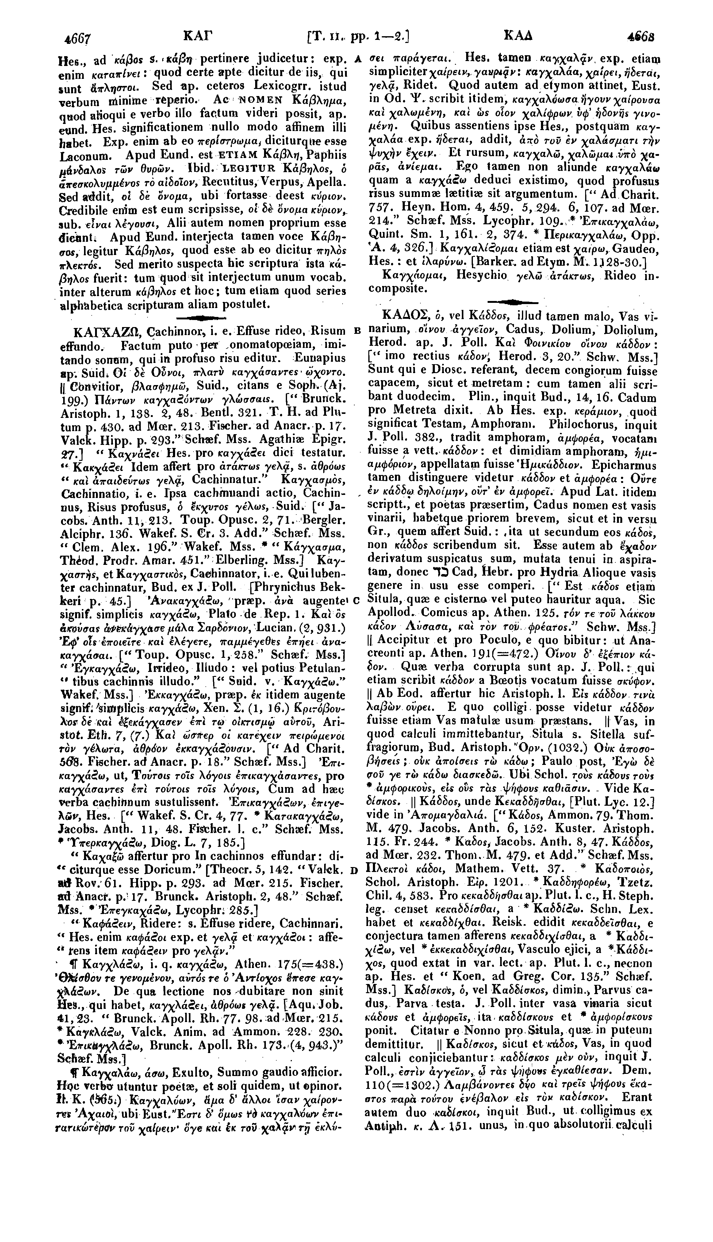 4667 ΚΑΓ [Τ. ii. pp. 1 2.] ΚΑΑ 466S Hes., ad κάβος s. κάβη pertinere judicetur: exp. A σει παράγεται. Hes. tamen καγχαλξν, exp.