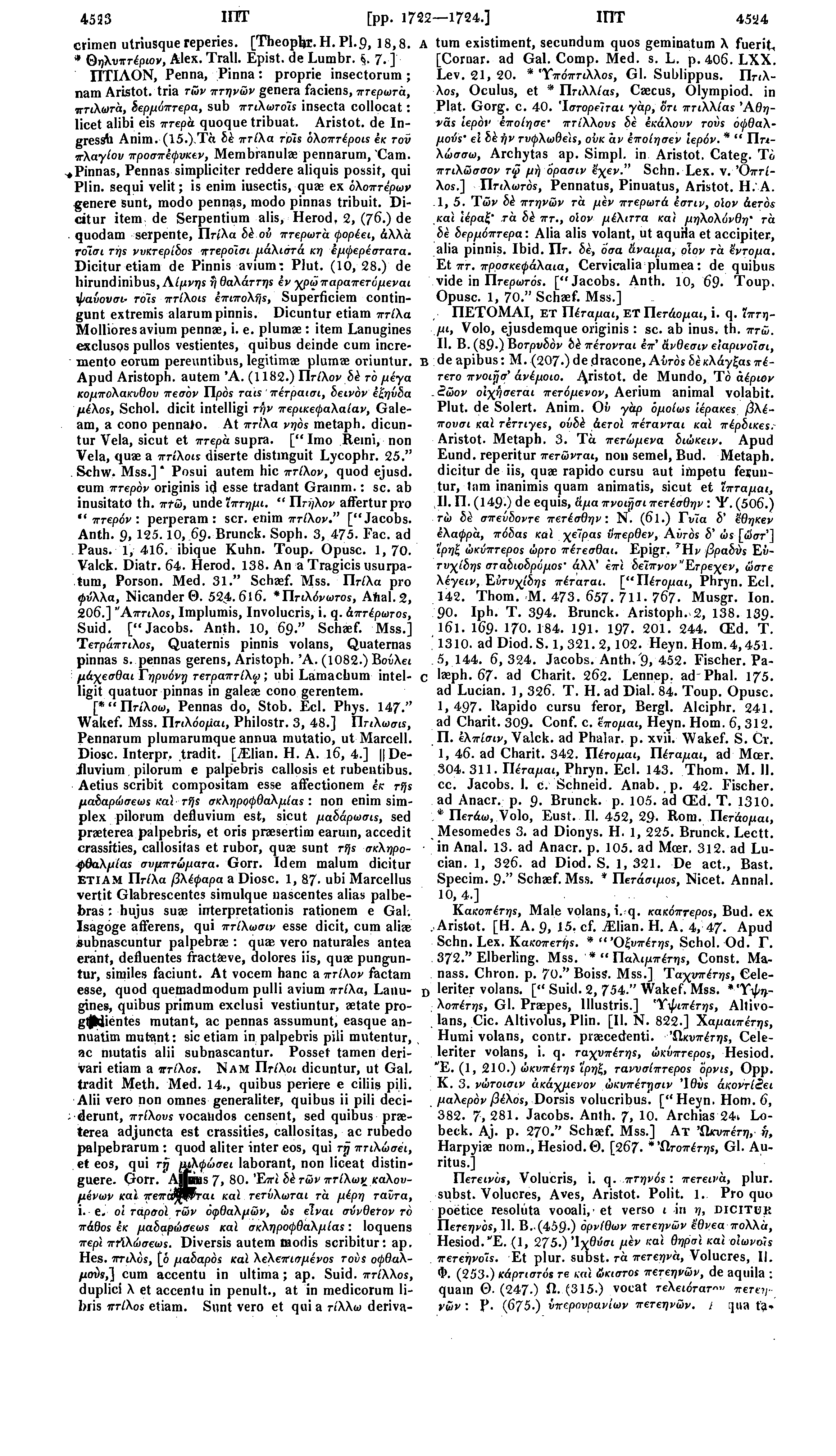 4-513 ΙΠΤ [pp. 1714 1724.] ΙΠΤ 4514 crimen utriusque reperies. [Theophr. H. PI.9,18,8. * Θηλυπτέριον, Alex. Trail. Epist. de Lumbr. 7. ] ΠΤΙΛΟΝ, Penna, Pinna: proprie insectorum ; nam Aristot.