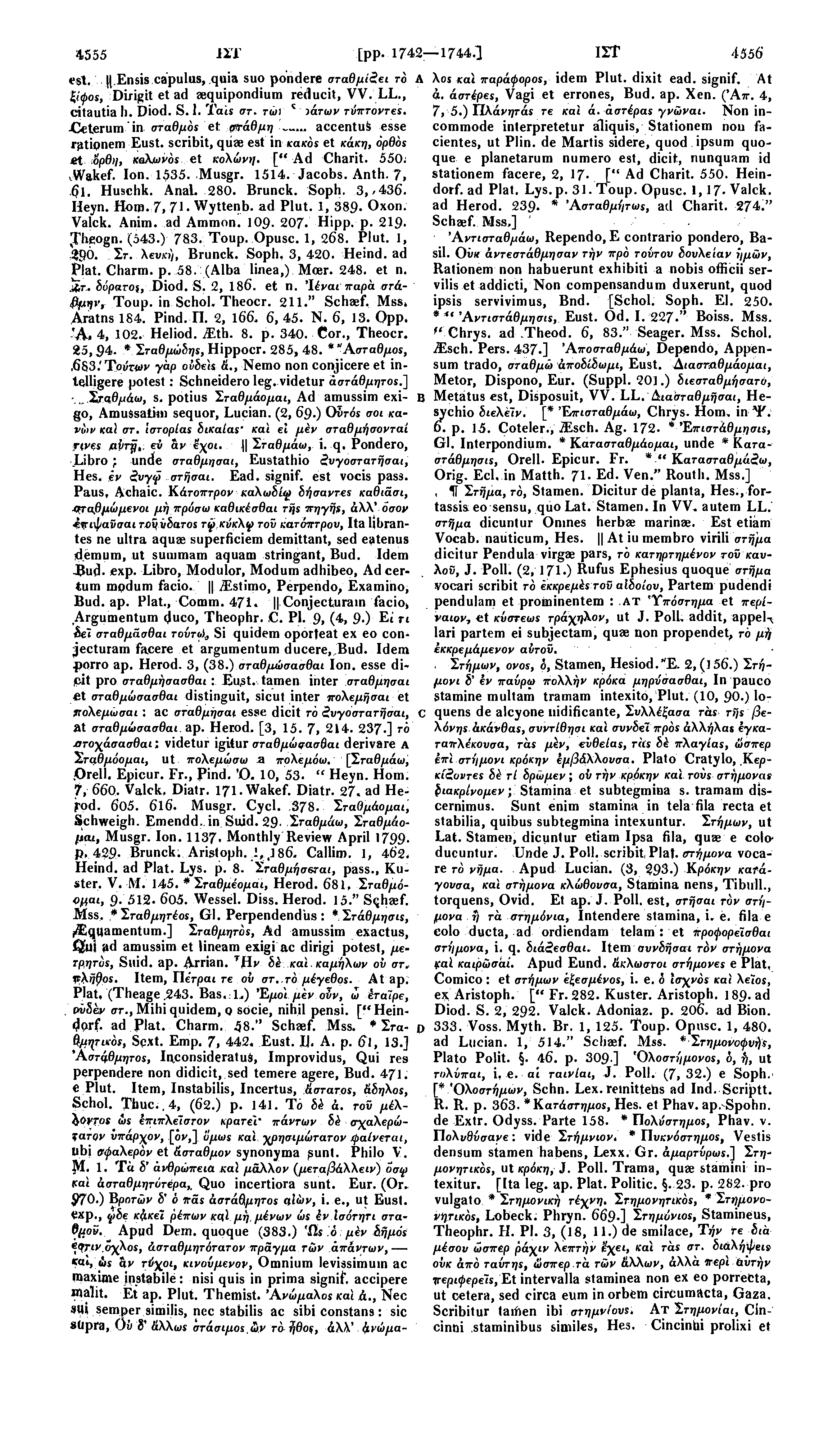 4555 UT [pp. 1742 1744.] ΙΣΤ 4556' est. H.Ensis capulus, quia suo pondere σταθμίζει τό A λθ5 καί παράφορος, idem Plut. dixit ead. signif. At ξίφος, Dirigit et ad aequipondium reducit, VV. LL., ά.