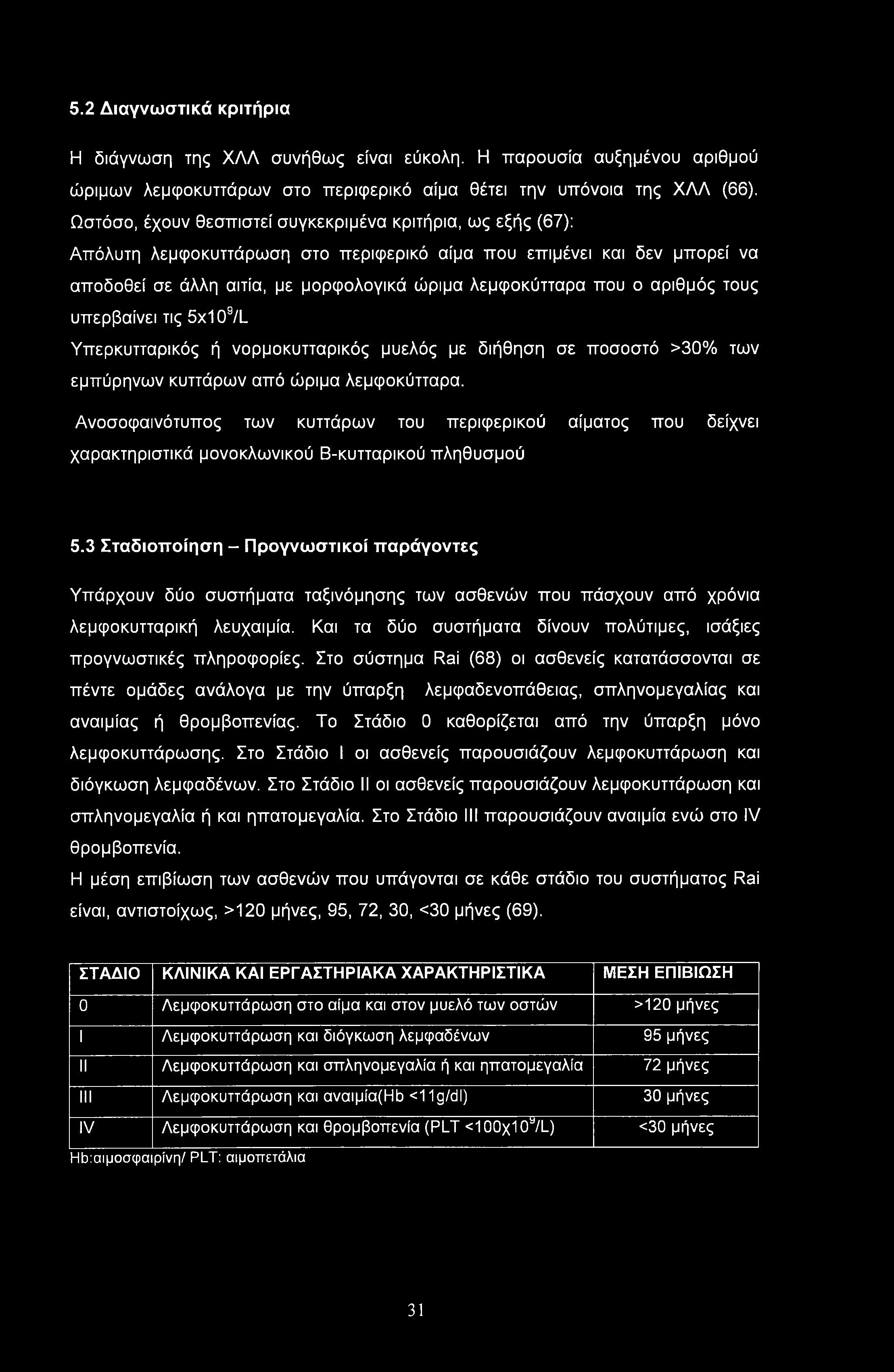5.2 Διαγνωστικά κριτήρια Η διάγνωση της ΧΑΛ συνήθως είναι εύκολη. Η παρουσία αυξημένου αριθμού ώριμων λεμφοκυττάρων στο περιφερικό αίμα θέτει την υπόνοια της ΧΛΛ (66).