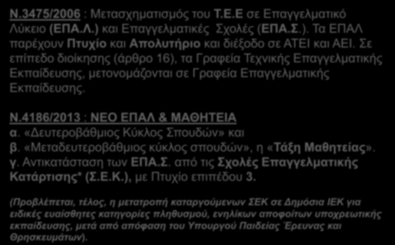 Ν.3475/2006 : Μετασχηματισμός του Τ.Ε.Ε σε Επαγγελματικό Λύκειο (ΕΠΑ.Λ.) και Επαγγελματικές Σχολές (ΕΠΑ.Σ.). Τα ΕΠΑΛ παρέχουν Πτυχίο και Απολυτήριο και διέξοδο σε ΑΤΕΙ και ΑΕΙ.