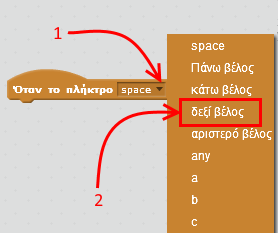 Στην εντολή «Όταν το πλήκτρο space πατηθεί» άλλαξε τo πλήκτρο από «space» σε «δεξί βέλος».
