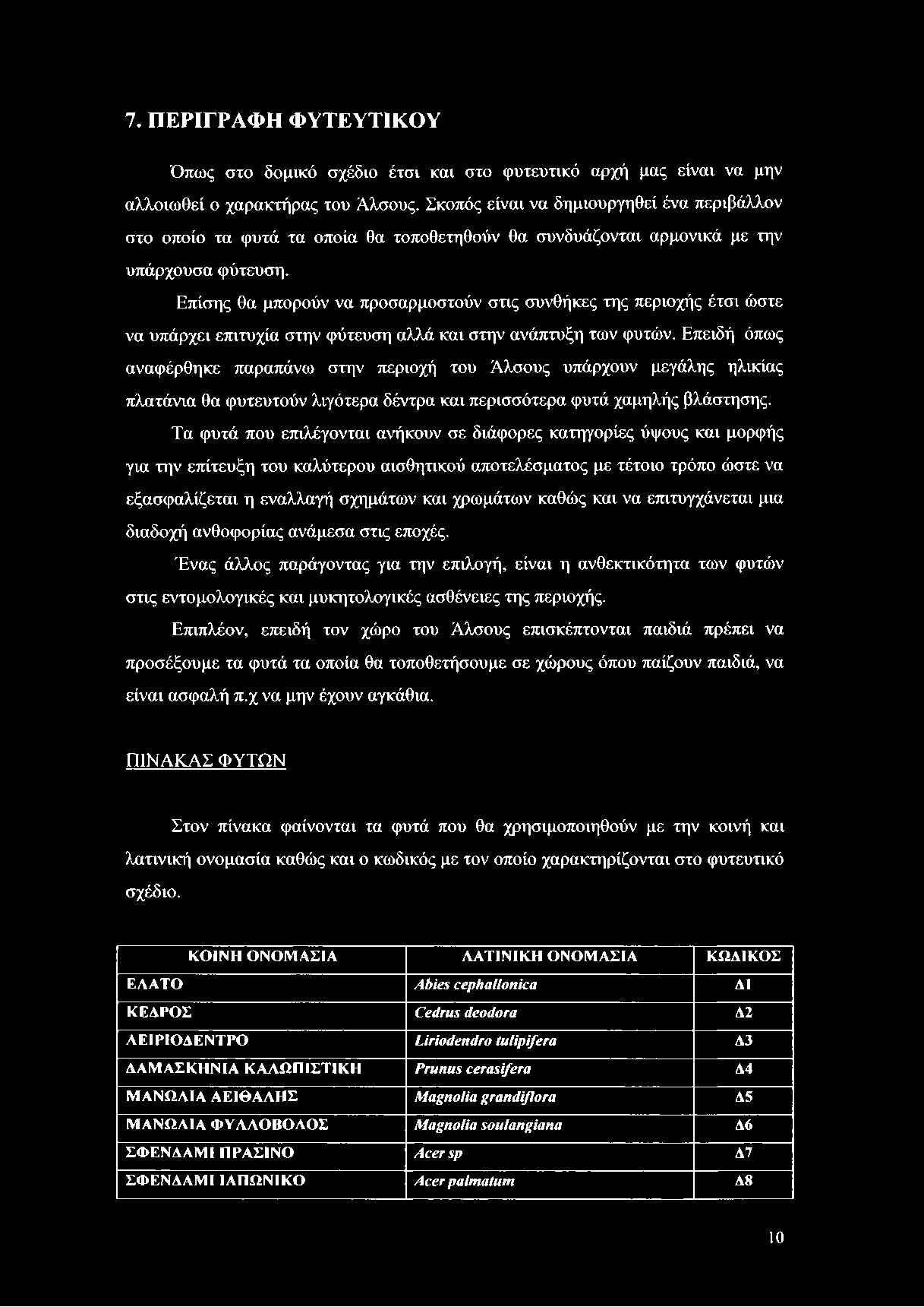 7. ΠΕΡΙΓΡΑΦΗ ΦΥΤΕΥΤΙΚΟΥ Όπως στο δομικό σχέδιο έτσι και στο φυτευτικό αρχή μας είναι να μην αλλοιωθεί ο χαρακτήρας του Άλσους.