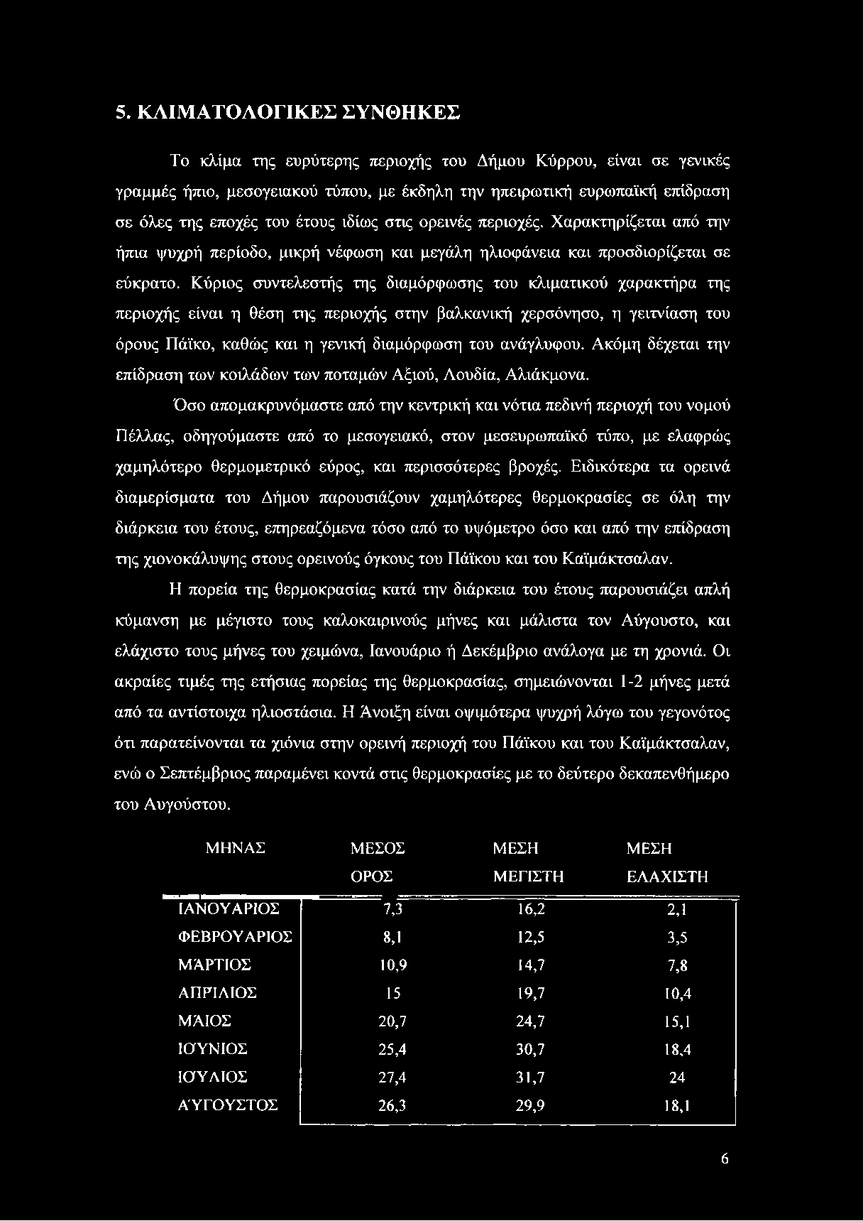 5. ΚΛΙΜΑΤΟΛΟΓΙΚΕΣ ΣΥΝΘΗΚΕΣ Το κλίμα της ευρύτερης περιοχής του Δήμου Κύρρου, είναι σε γενικές γραμμές ήπιο, μεσογειακού τύπου, με έκδηλη την ηπειρωτική ευρωπαϊκή επίδραση σε όλες της εποχές του έτους