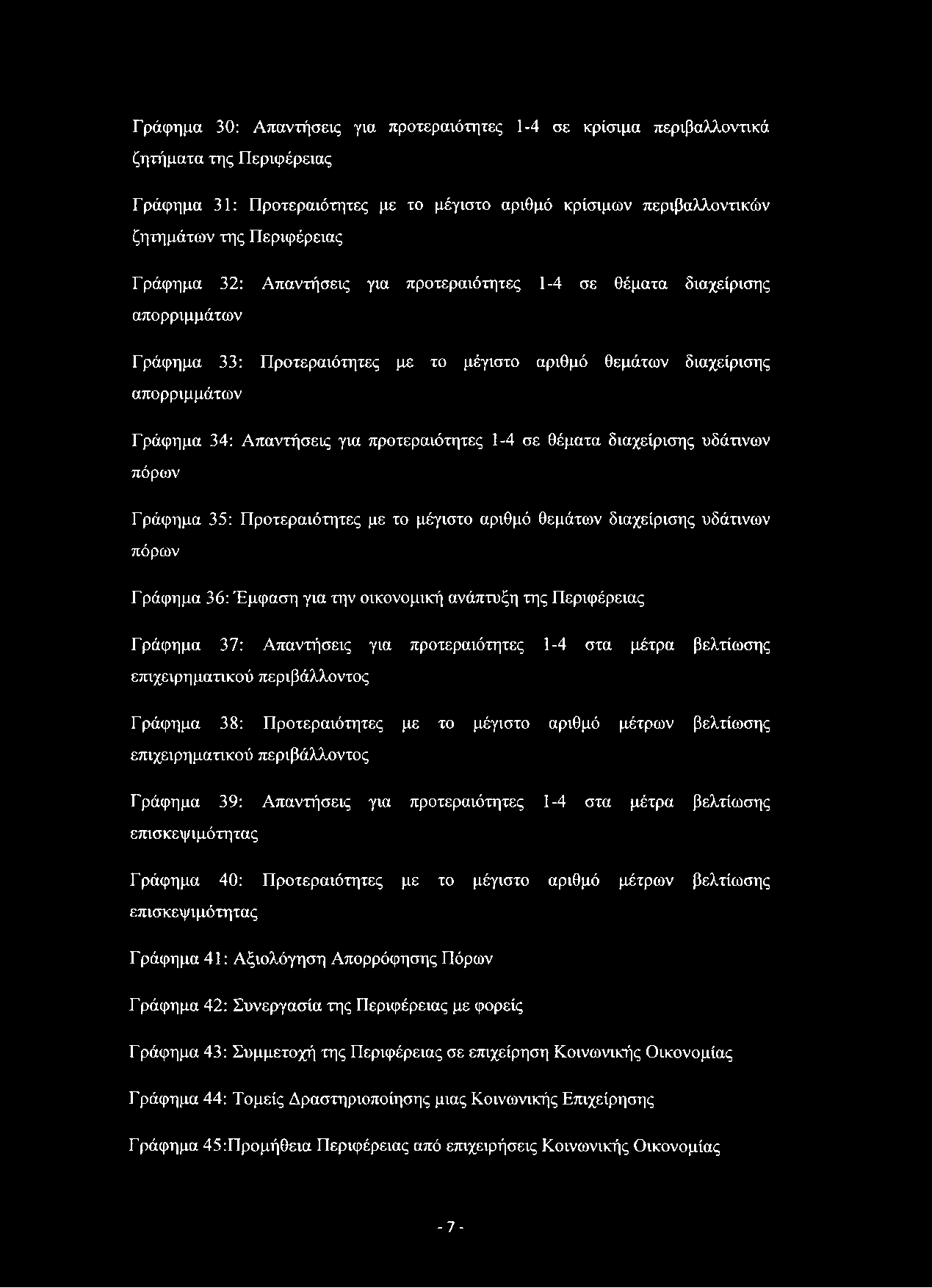 Γράφημα 30: Απαντήσεις για προτεραιότητες 1-4 σε κρίσιμα περιβαλλοντικά ζητήματα της Περιφέρειας Γράφημα 31: Προτεραιότητες με το μέγιστο αριθμό κρίσιμων περιβαλλοντικών ζητημάτων της Περιφέρειας
