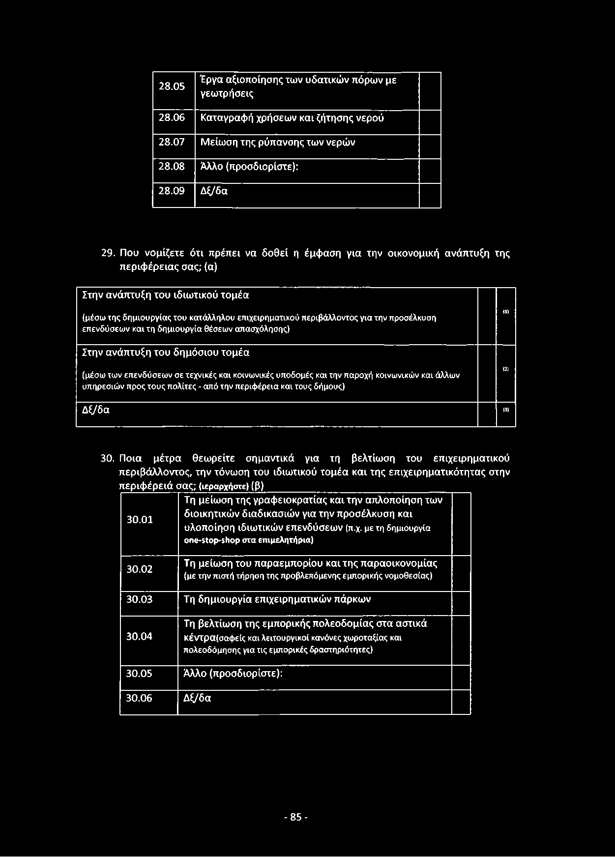 28.05 Έργα αξιοποίησης των υδατικών πόρων με γεωτρήσεις 28.06 Καταγραφή χρήσεων και ζήτησης νερού 28.07 Μείωση της ρύπανσης των νερών 28.08 Άλλο (προσδιορίστε): 28.09 Δξ/δα 29.