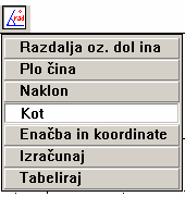 Da izmerimo kot, v izbiri Razdalja uporabimo ukaz Kot. To storimo tako, da kliknemo na ikono in izberemo četrti ukaz Slika 37: Ukaz za merjenje kotov S pomočjo ukaza izmerimo velikost kota.