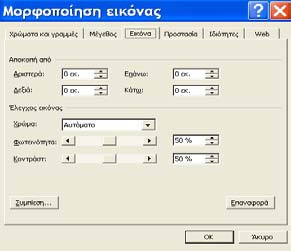 4. Επιλέγοντας τη καρτέλα Εικόνα (Εικόνα 7.12) μπορούμε να έχουμε επεξεργασία της εικόνας. Επιλογές για το κόψιμο της εικόνας τόσα εκ.
