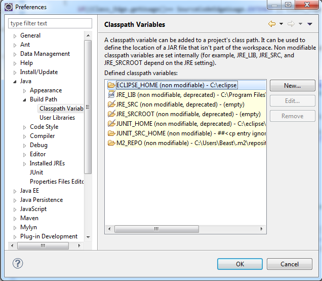 Από το menu του Eclipse γίνεται επιλογή της καρτέλας "Window" και στη συνέχεια της επιλογής "Preferences". Επιλέγεται από την καρτέλα αριστερά η διαδρομή Java > Build Path > Classpath Variables.