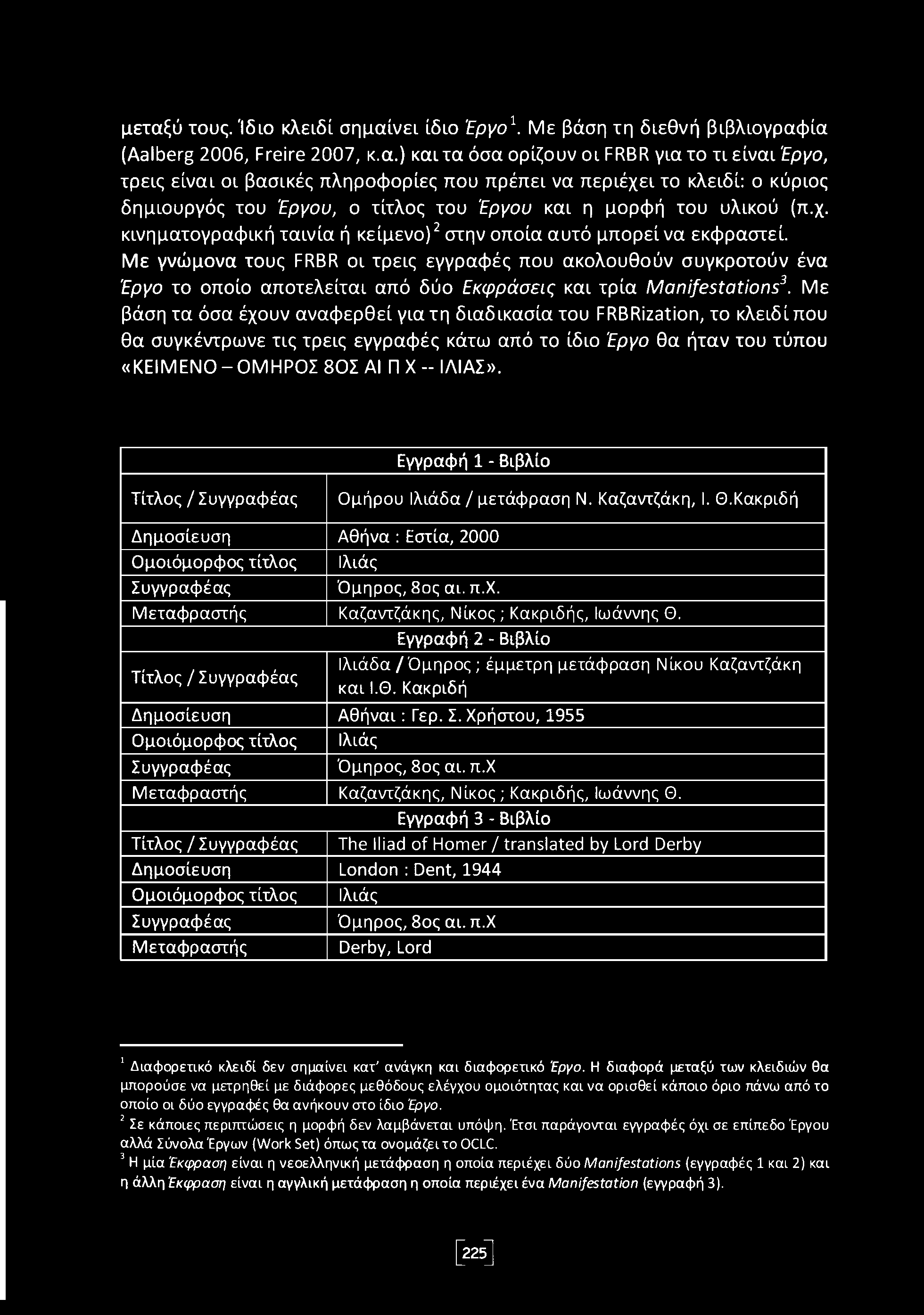 μεταξύ τους. Ίδιο κλειδί σημαίνει ίδιο Έργο 1. Με βάση τη διεθνή βιβλιογραφία (Aalberg 2006, Freire 2007, κ.α.) και τα όσα ορίζουν οι FRBR για το τι είναι Έργο, τρεις είναι οι βασικές πληροφορίες που