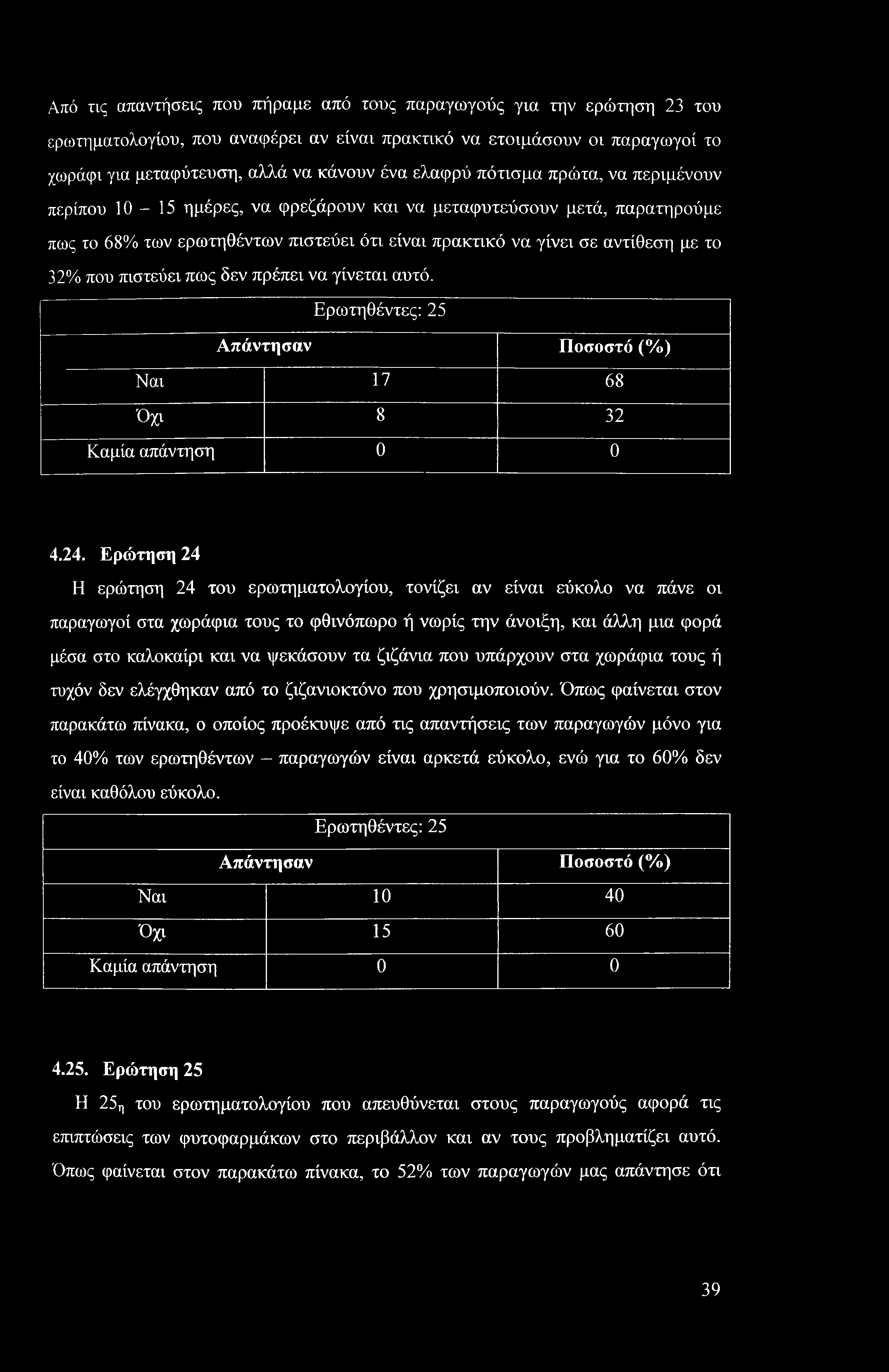 Από τις απαντήσεις που πήραμε από τους παραγωγούς για την ερώτηση 23 του ερωτηματολογίου, που αναφέρει αν είναι πρακτικό να ετοιμάσουν οι παραγωγοί το χωράφι για μεταφύτευση, αλλά να κάνουν ένα