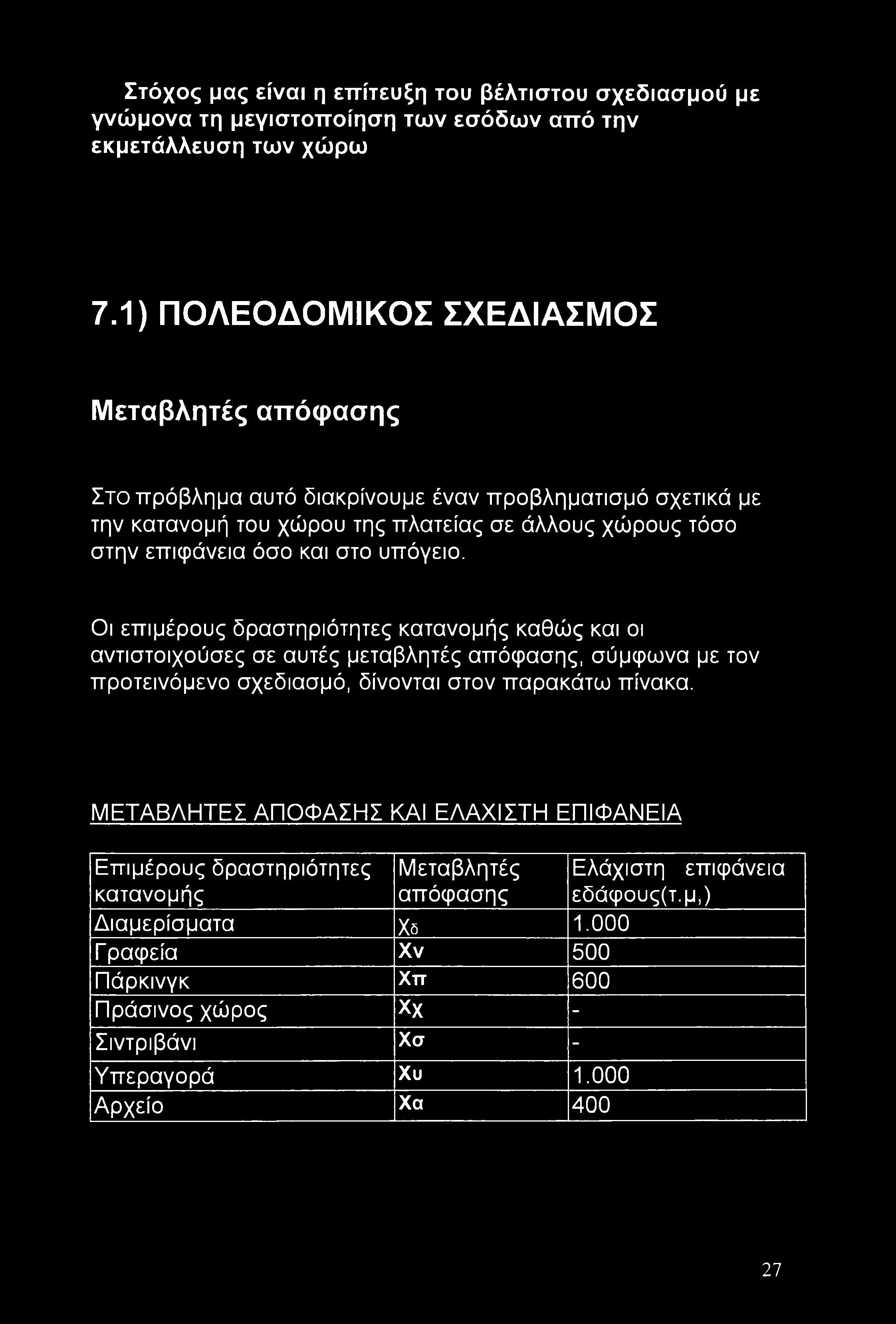 Στόχος μας είναι η επίτευξη του βέλτιστου σχεδιασμού με γνώμονα τη μεγιστοποίηση των εσόδων από την εκμετάλλευση των χώρω 7.