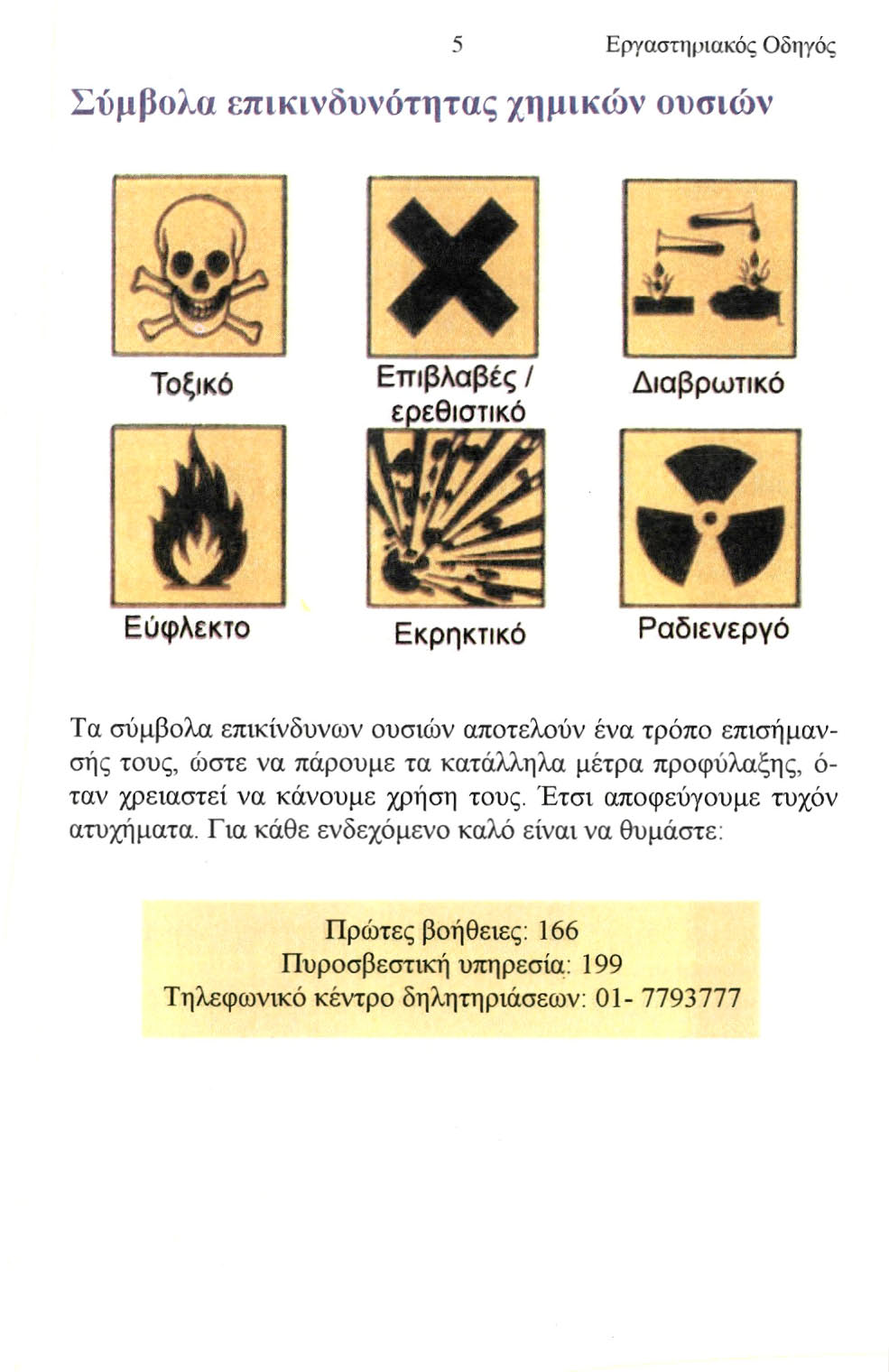 5 Εργαστηριακός Οδηγός Σύμβολα επικινδυνότητας χημικών ουσιών Τοξικό Επιβλαβές / εοεθιστικό Διαβρωτικό Εύφλεκτο Εκρηκτικό ΨΨ Ραδιενεργό Τα σύμβολα επικίνδυνων ουσιών αποτελούν ένα τρόπο επισήμανσης