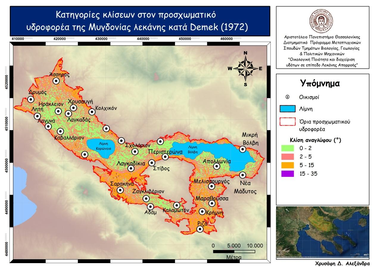 Εικόνα 12: Κατηγορίες κλίσεων αναγλύφου στον προσχωματικό υδροφορέα της Μυγδονίας λεκάνης κατά Demek