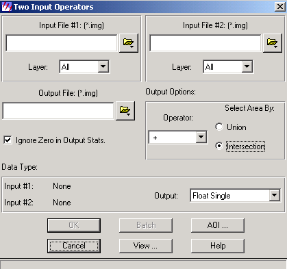 2. Στη συνέχεια ανοίγει παράθυρο Two Input Operators. Input file#1 : επιλέγουµε την εικόνα που επιθυµούµε και από κάτω επιλέγουµε την µπάντα που αντιστοιχεί στο υπέρυθρο (IR).