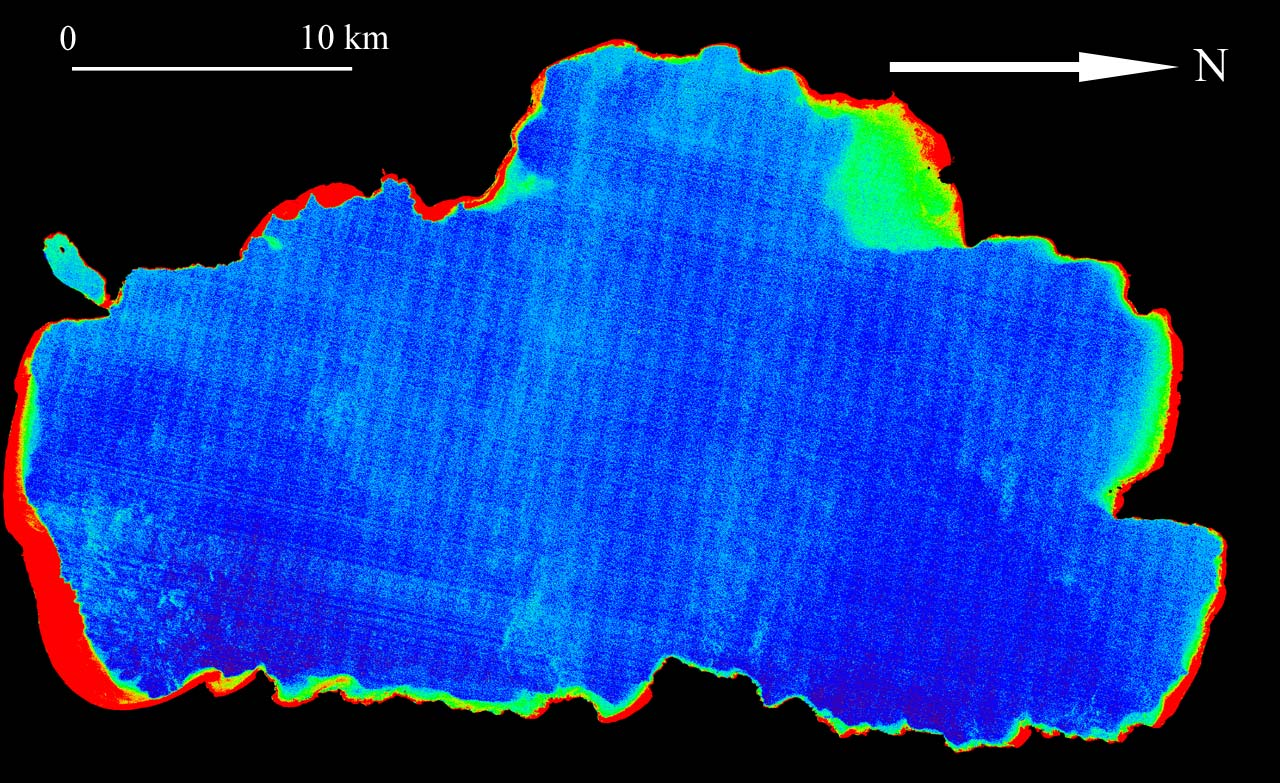Εικόνα 3.16 Ζώνη-1 του ASTER (0,52 0,60 µm), κωδικοποιηµένο δια χρώµατος για να παρουσιάσει παραλλαγές στην ένταση του κατώτατου συντελεστή ανάκλασης.