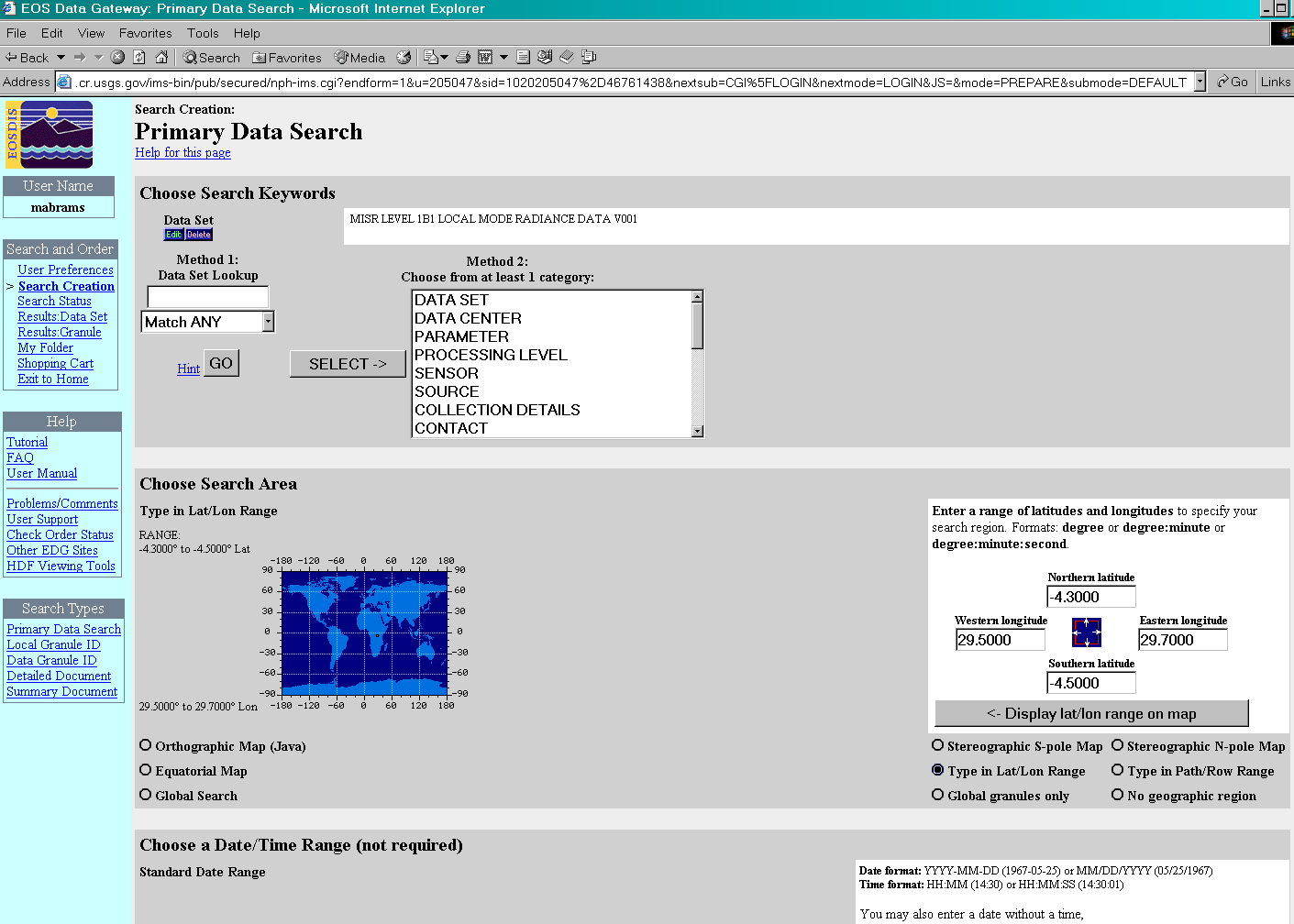 Εικόνα 5.2 Επιλογή εντολής DATASET (ASTER Users Handbook) Υπάρχουν 2 λίστες διαθέσιµες µε δεδοµένα ASTER επιπέδου-1 από το LP-DAAC.