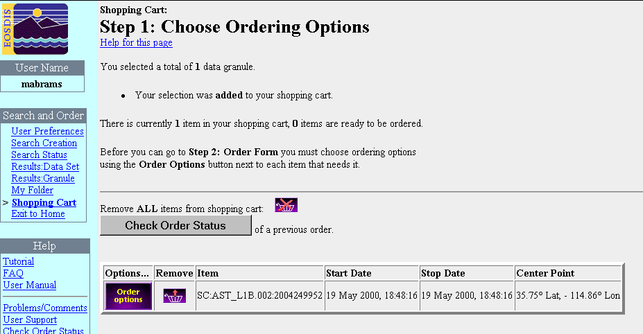 Εικόνα 5.7 Επιλογές παραγγελιών (ASTER Users Handbook) 9. Κάρτα αγορών - Βήµα 2: Έντυπο παραγγελίας Εισάγουµε την κατάλληλη διεύθυνσή µας στους τοµείς διευθύνσεων επαφών (εικόνα 5.8).