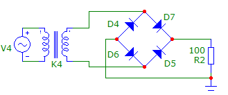 Schéma zapojenia mostíkového usmerňovača: Obr.č.2: Dvojcestný usmerňovač Obrázok číslo 2 znázorňuje priebehy napätí obvodu s dvojcestným usmerňovačom.