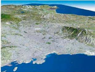 Εικόνα 2. Η Αθήνα και ο Πειραιάς σε φωτογραφίες από το διαστημικό λεωφορείο «Εντέβορ», με χαρτογράφηση της Γης σε τρισδιάστατες εικόνες (εφημερίδα ΤΟ ΒΗΜΑ) Εικόνα 3. Οι πυραμίδες της Αιγύπτου.