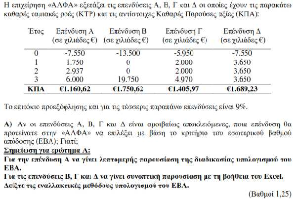 ΘΕΜΑ ΕΡΩΤΗΜΑ Α Εφόσον οι επενδύσεις Α, Β, Γ και Δ είναι αμοιβαίως αποκλειόμενες σημαίνει ότι η επιχείρηση «ΑΛΦΑ» πρέπει να υλοποιήσει μόνο μία εξ αυτών.