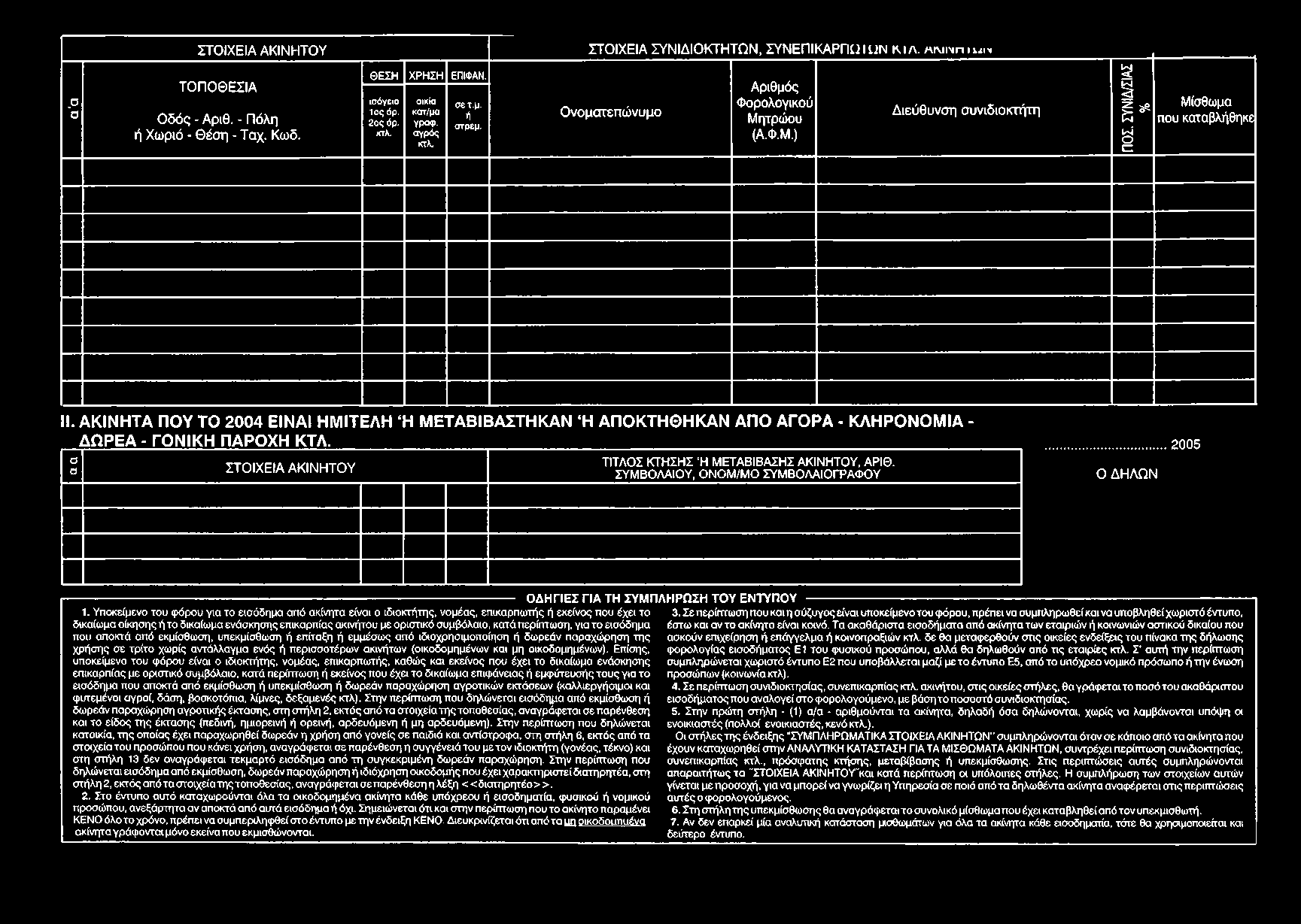 . ΑΚΙΝΗΤΑ ΠΟΥ ΤΟ 2004 ΕΙΝΑΙ ΗΜΙΤΕΛΗ Ή ΜΕΤΑΒΙΒΑΣΤΗΚΑΝ Ή ΑΠΟΚΤΗΘΗΚΑΝ ΑΠΟ ΑΓΟΡΑ - ΚΛΗΡΟΝΟΜΙΑ - ΔΩΡΕΑ - ΓΟΝΙΚΗ ΠΑΡΟΧΗ Κ Τ Λ. Ο ο ΣΤΟΙΧΕΙΑ ΑΚΙΝΗΤΟΥ ΤΙΤΛΟΣ ΚΤΗ ΣΗ Σ Ή Μ ΕΤΑΒΙΒΑΣΗΣ ΑΚΙΝΗΤΟΥ, ΑΡΙΘ.