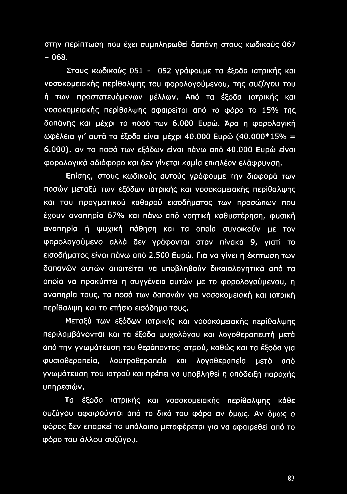 Από τα έξοδα ιατρικής και νοσοκομειακής περίθαλψης αφαιρείται από το φόρο το 15% της δαπάνης και μέχρι το ποσό των 6.000 Ευρώ. Άρα η φορολογική ωφέλεια γι' αυτά τα έξοδα είναι μέχρι 40.000 Ευρώ (40.