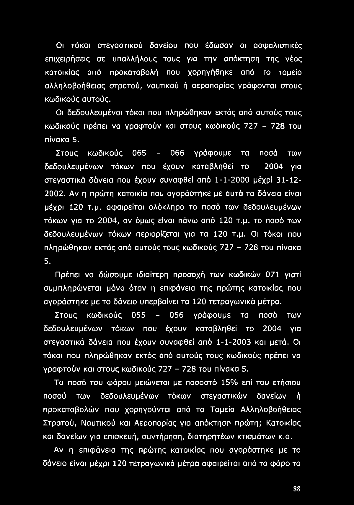 Στους κωδικούς 065-066 γράφουμε τα ποσά των δεδουλευμένων τόκων που έχουν καταβληθεί το 2004 για στεγαστικά δάνεια που έχουν συναφθεί από 1-1-2000 μέχρι 31-12- 2002.