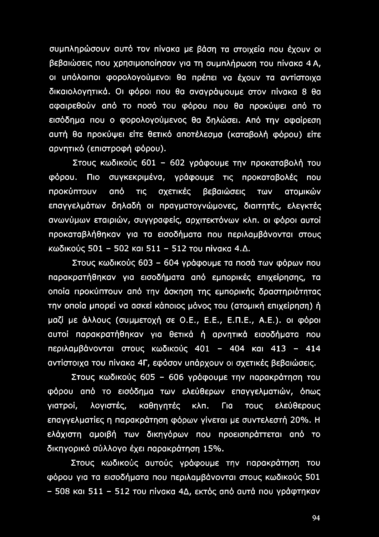 Από την αφαίρεση αυτή θα προκύψει είτε θετικό αποτέλεσμα (καταβολή φόρου) είτε αρνητικό (επιστροφή φόρου). Στους κωδικούς 601-602 γράφουμε την προκαταβολή του φόρου.
