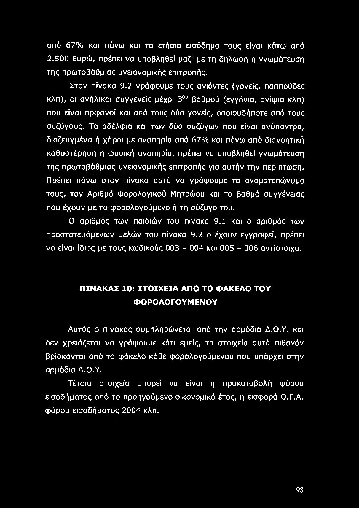 από 67% και πάνω και το ετήσιο εισόδημα τους είναι κάτω από 2.500 Ευρώ, πρέπει να υποβληθεί μαζί με τη δήλωση η γνωμάτευση της πρωτοβάθμιας υγειονομικής επιτροπής. Στον πίνακα 9.