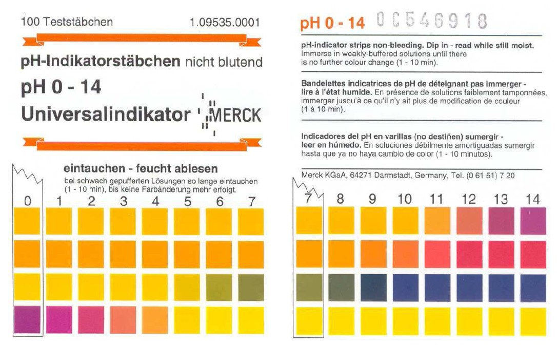 Tο χρωματολόγιο αναφοράς ph που βρίσκεται πάνω στο κουτί συσκευασίας του πεχαμετρικού χαρτιού (Merck) και είναι βαθμονομημένο σε κλίμακα από 0 έως 14.