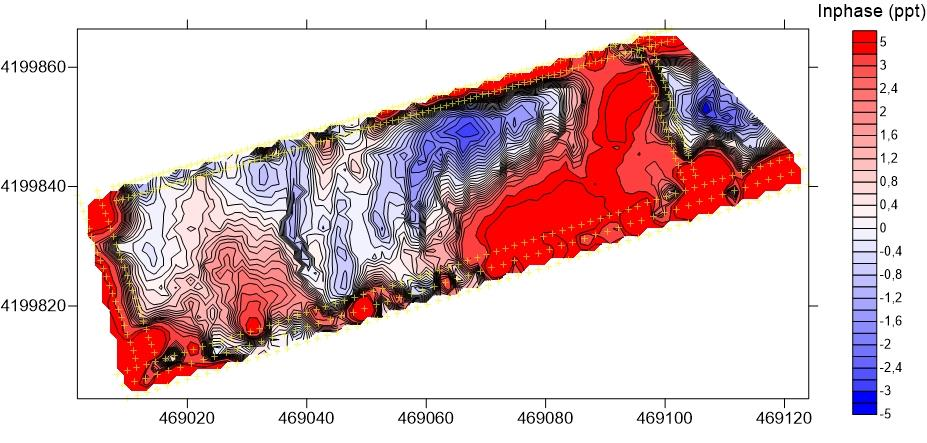 6Χάρτης κατανομής της μαγνητικής επιδεκτικότητας για βάθος συνολικής διασκόπησης 1,5m Παρατηρούμε 2 περιοχές χαμηλής φαινόμενης αγωγιμότητας (περιοχή 1 και περιοχή 2 Εικόνα 5.