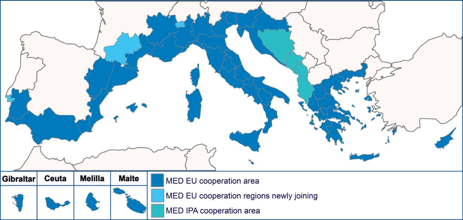 Πρόγραμμα Διακρατικής Συνεργασίας Interreg MED Ο γενικός στόχος του Προγράμματος MED για την προγραμματική περίοδο 2014-2020 είναι η προώθηση της αειφόρου ανάπτυξης της περιοχής της Μεσογείου